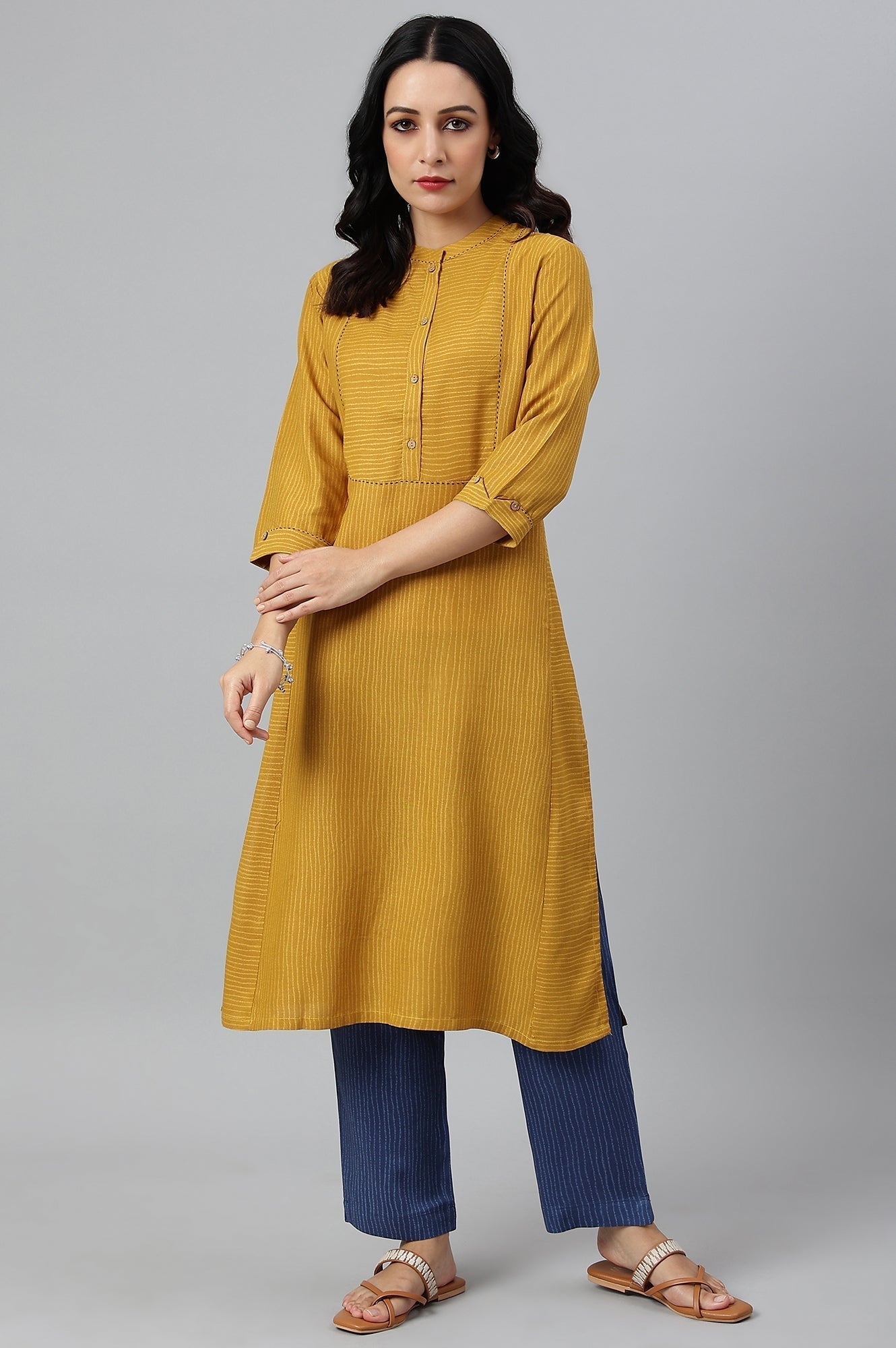 W for Woman Yellow Thread Embroidered Rayon kurta