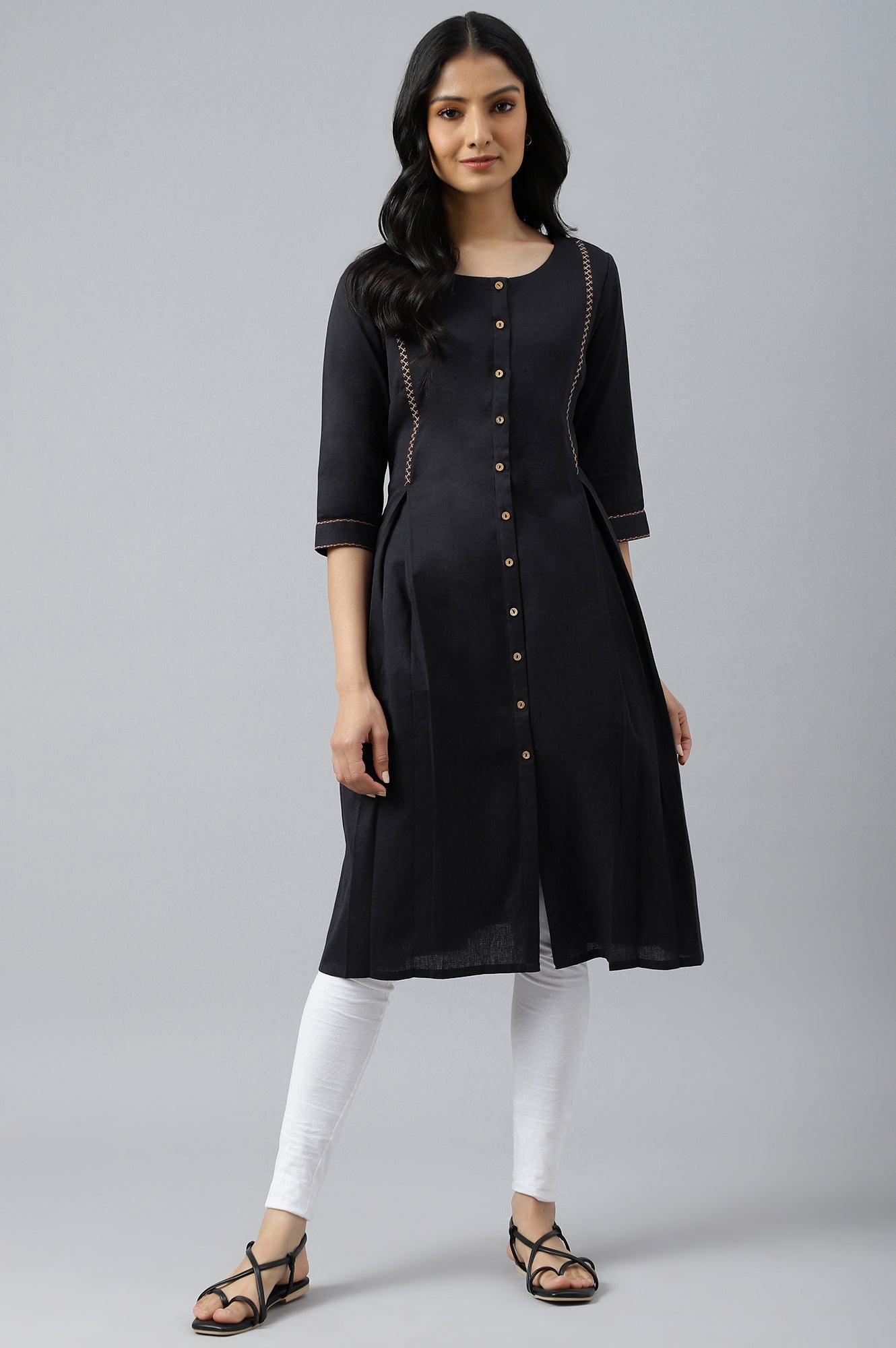 W for Woman Black Bock Pleated Embroidered kurta
