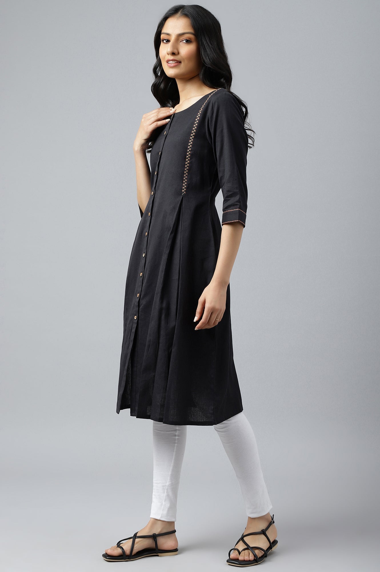 W for Woman Black Bock Pleated Embroidered kurta