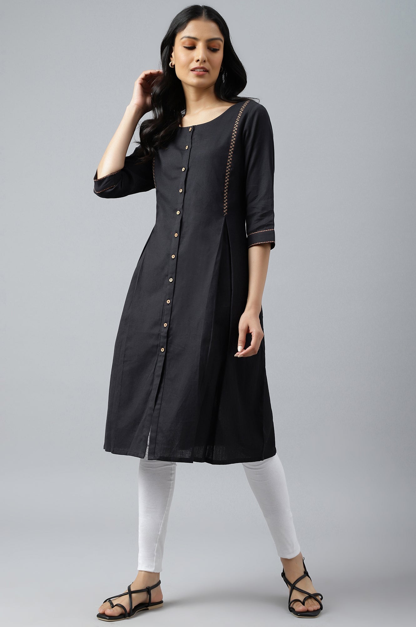 W for Woman Black Bock Pleated Embroidered kurta