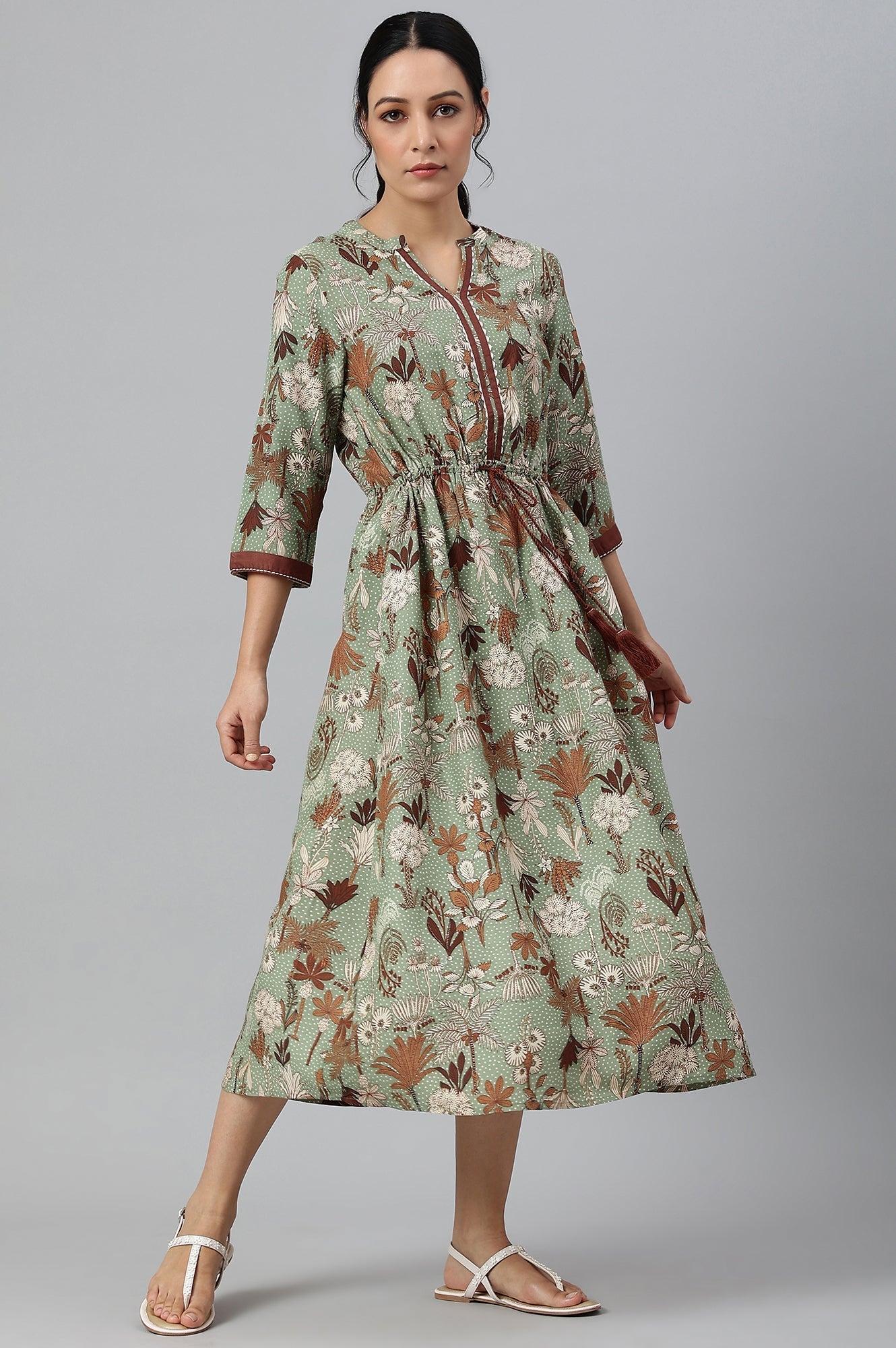 W for Woman Green Printed Gathered Western Dress
