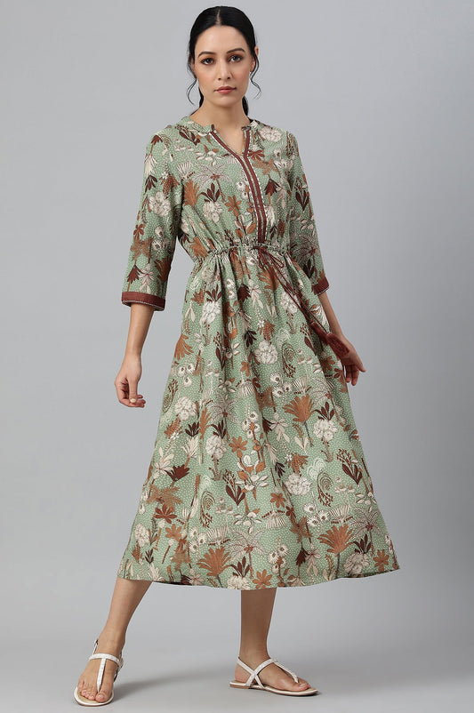 W for Woman Green Printed Gathered Western Dress