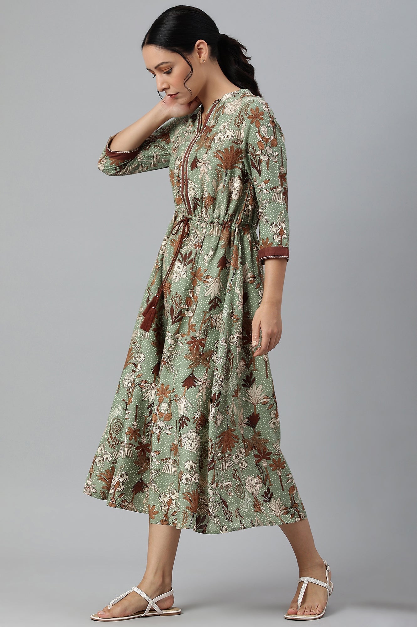 W for Woman Green Printed Gathered Western Dress