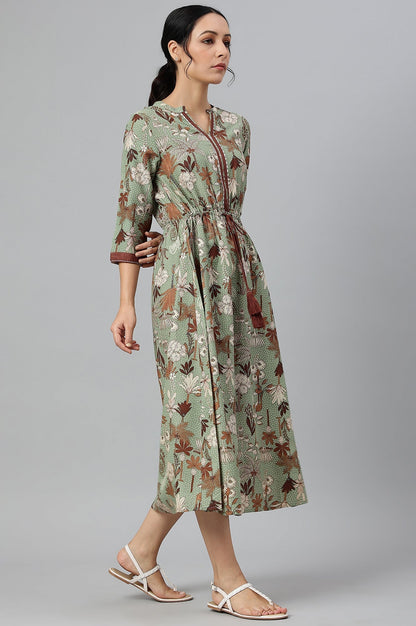 W for Woman Green Printed Gathered Western Dress
