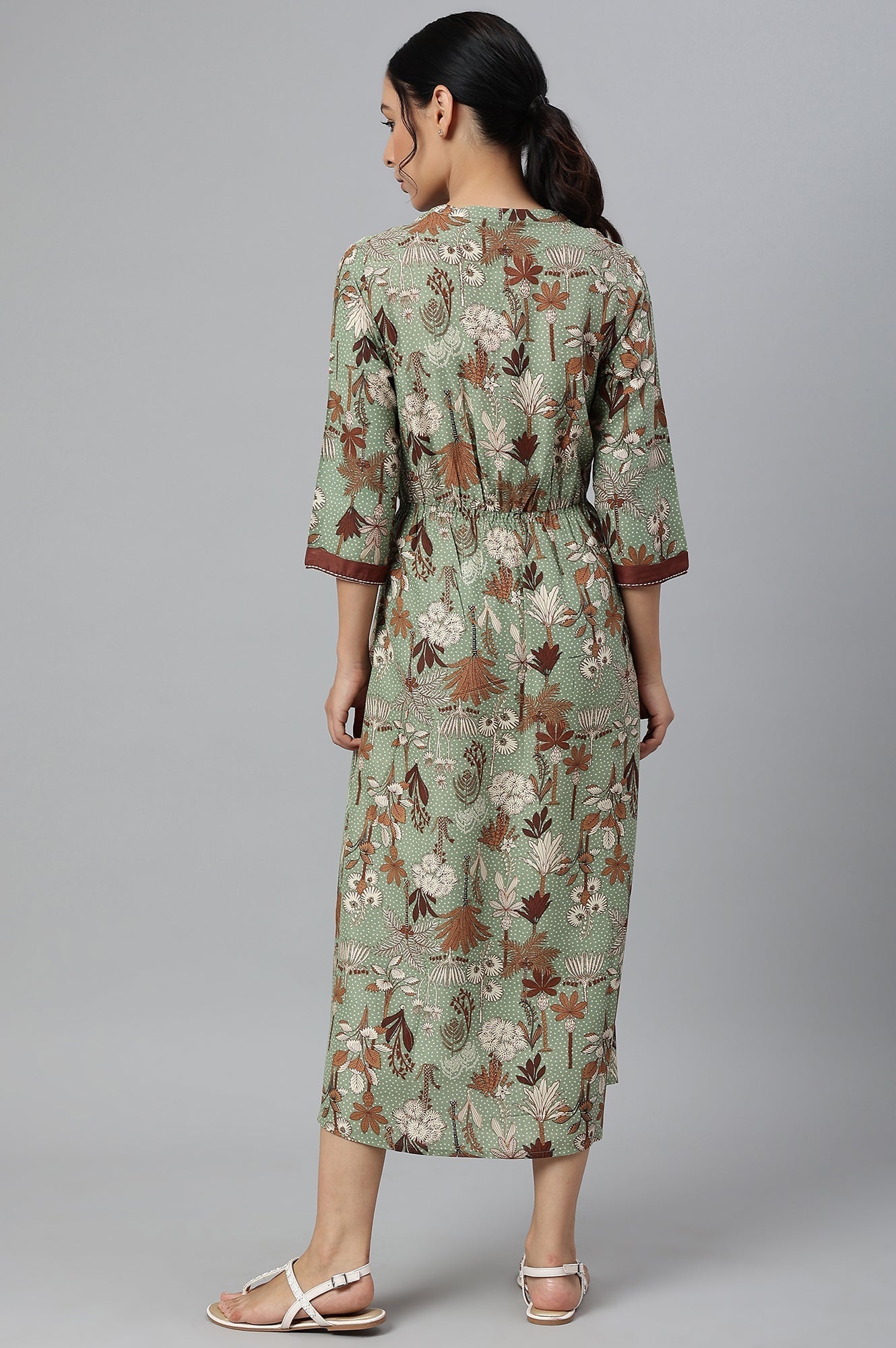 W for Woman Green Printed Gathered Western Dress