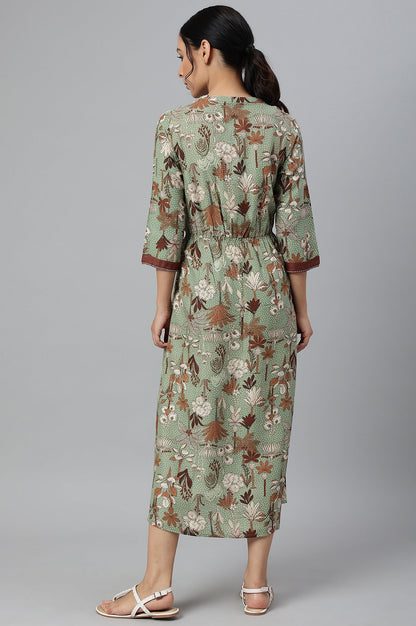 W for Woman Green Printed Gathered Western Dress