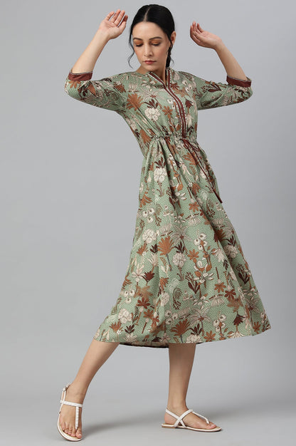 W for Woman Green Printed Gathered Western Dress