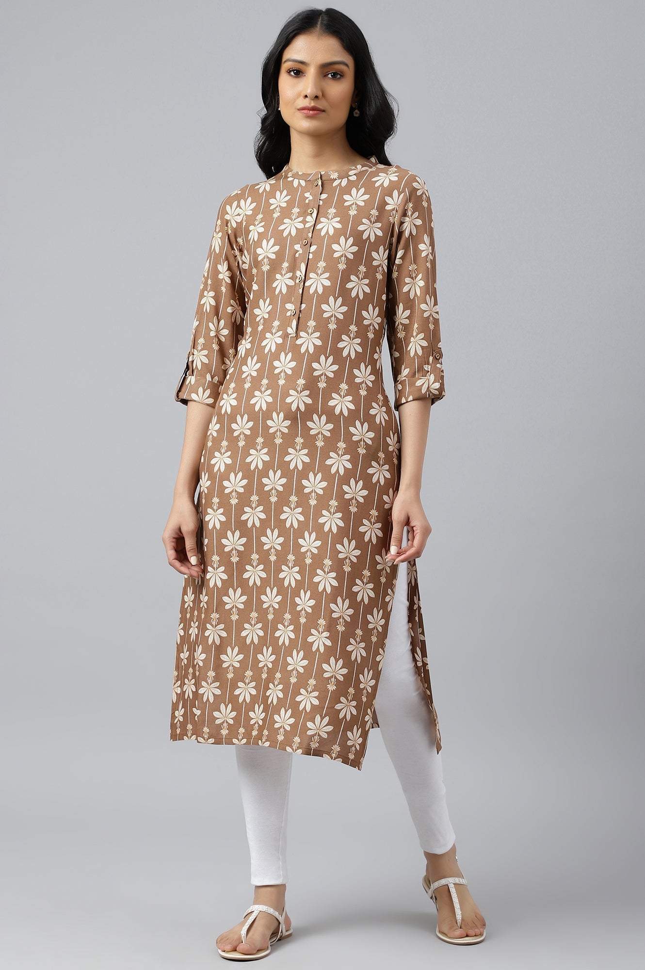 W for Woman Brown Printed Button Down Kurta