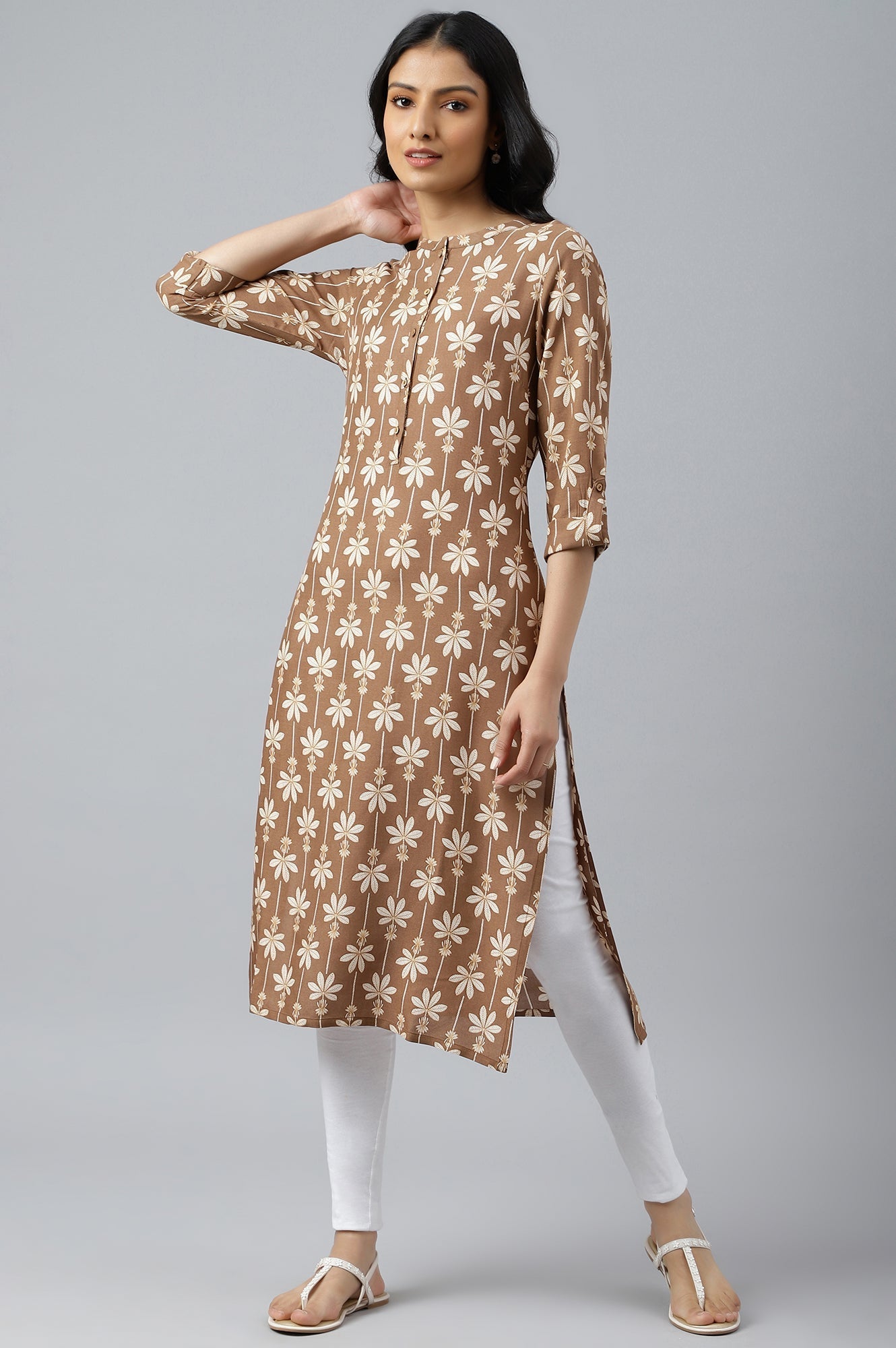 W for Woman Brown Printed Button Down Kurta