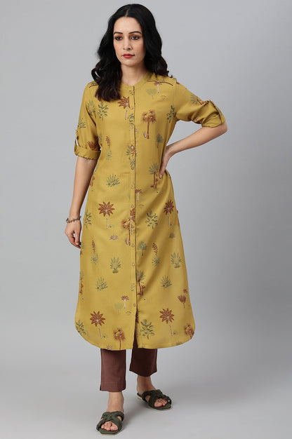 W for Woman Mustard Rayon Printed Button Down Kurta