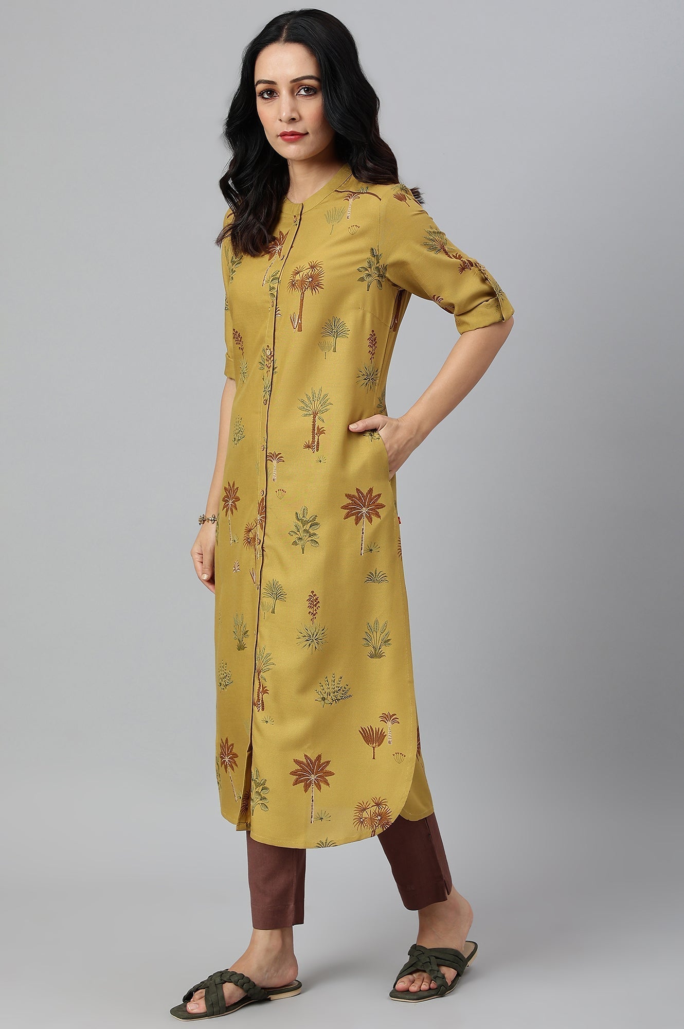 W for Woman Mustard Rayon Printed Button Down Kurta