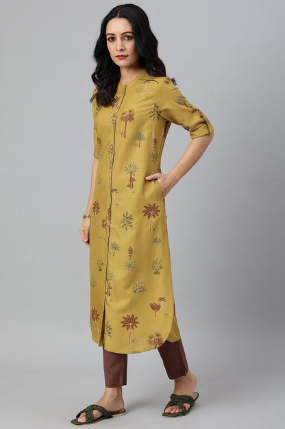 W for Woman Mustard Rayon Printed Button Down Kurta