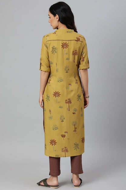 W for Woman Mustard Rayon Printed Button Down Kurta