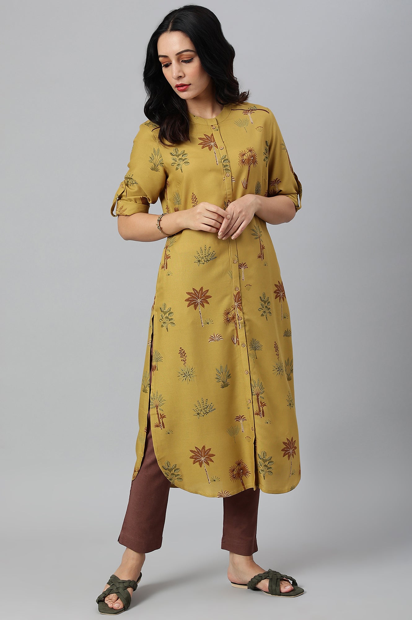 W for Woman Mustard Rayon Printed Button Down Kurta