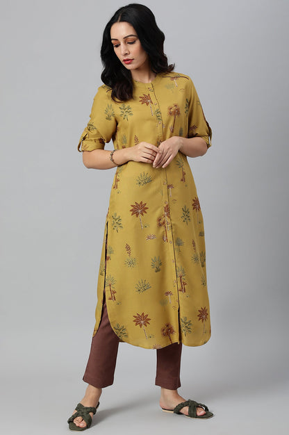 W for Woman Mustard Rayon Printed Button Down Kurta