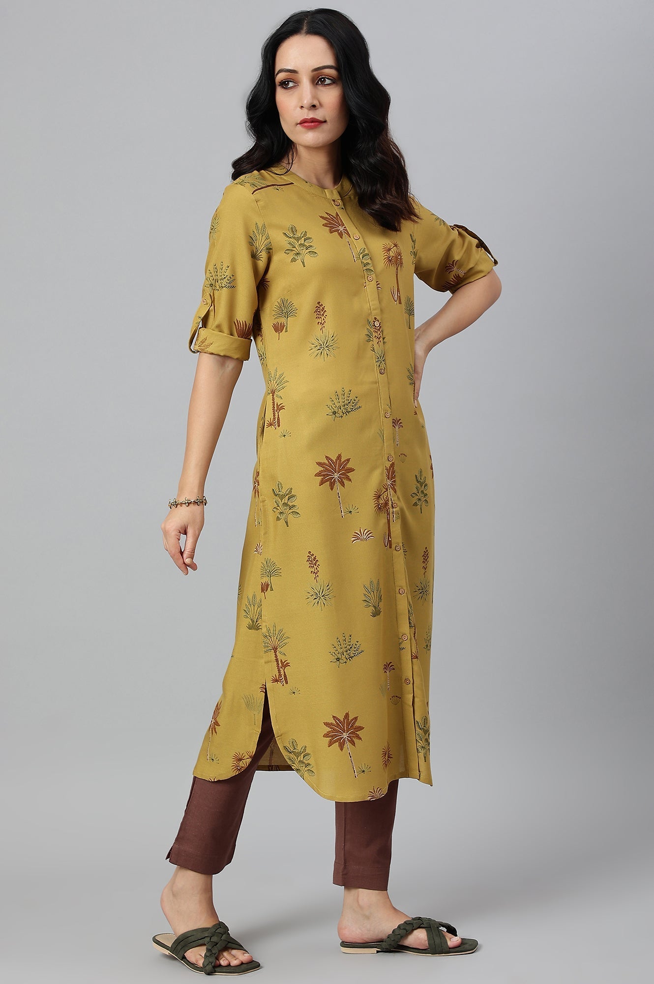 W for Woman Mustard Rayon Printed Button Down Kurta