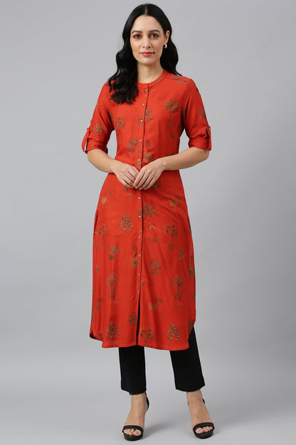 W for Woman Rust Red Printed Button Down Kurta