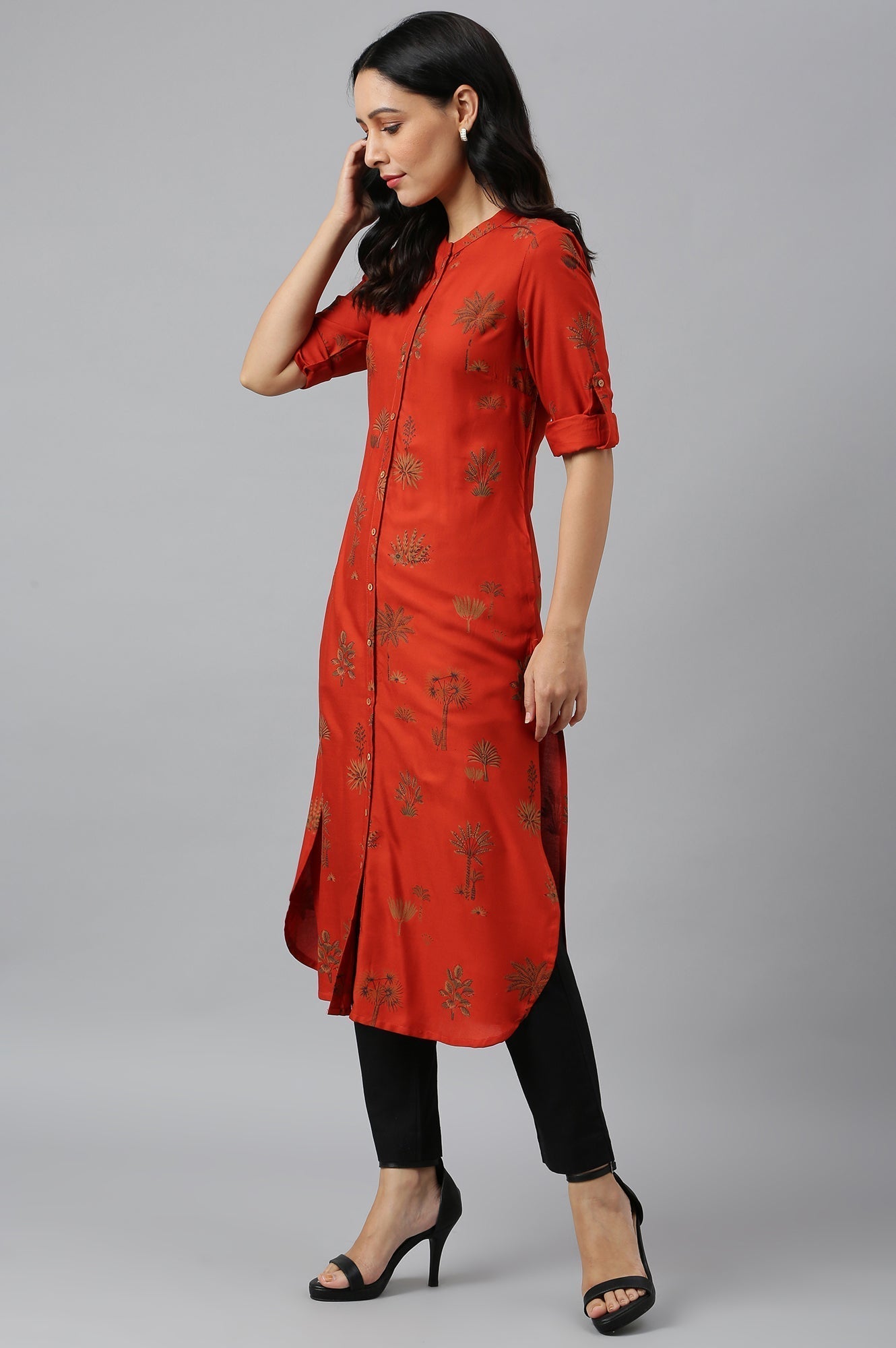 W for Woman Rust Red Printed Button Down Kurta