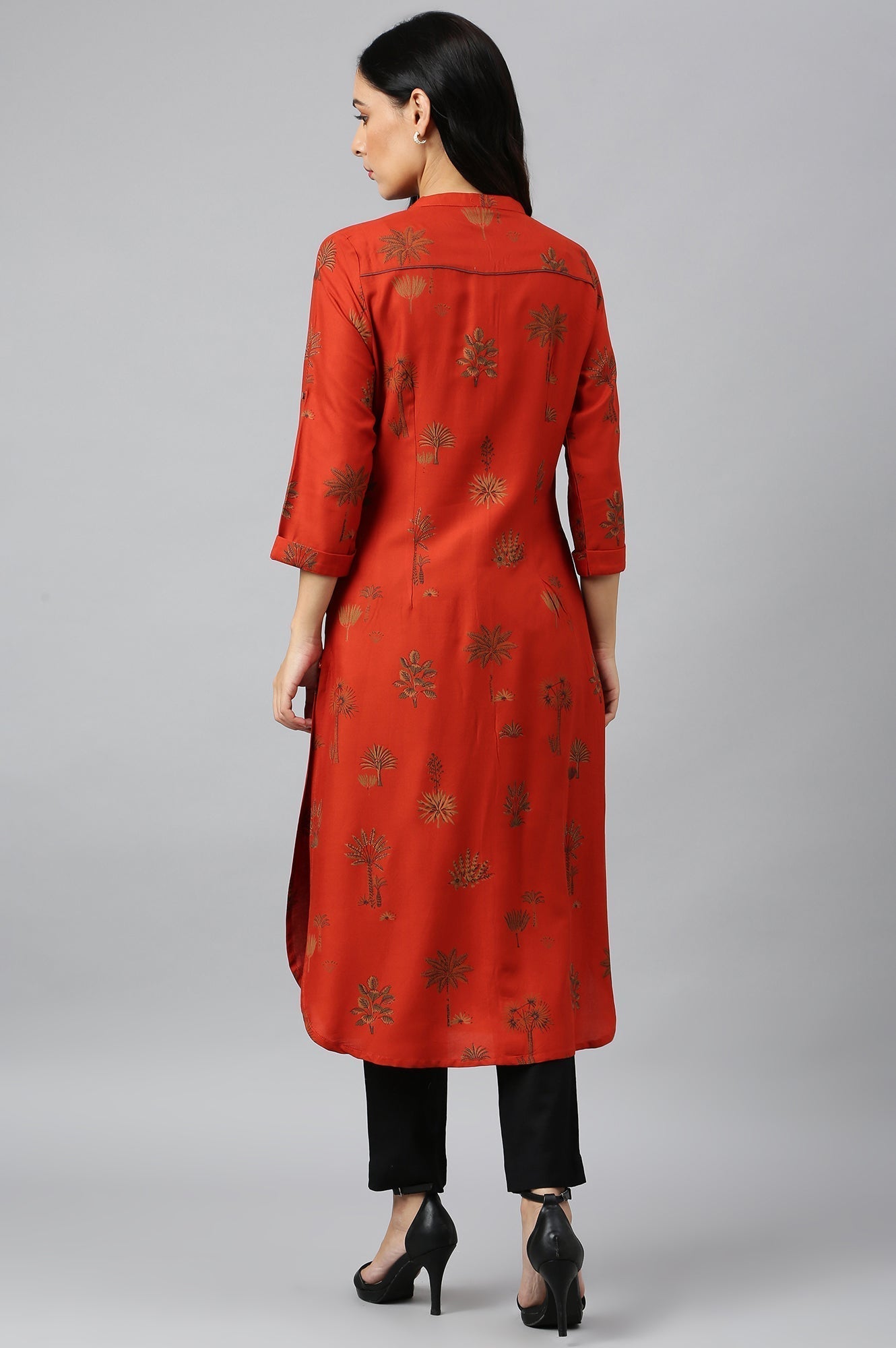 W for Woman Rust Red Printed Button Down Kurta