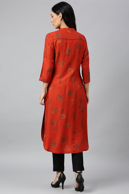 W for Woman Rust Red Printed Button Down Kurta