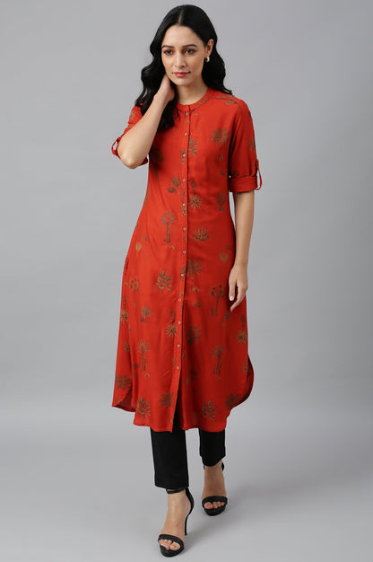 W for Woman Rust Red Printed Button Down Kurta