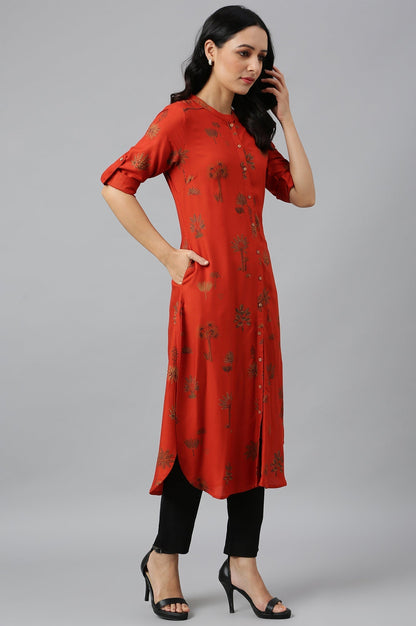 W for Woman Rust Red Printed Button Down Kurta