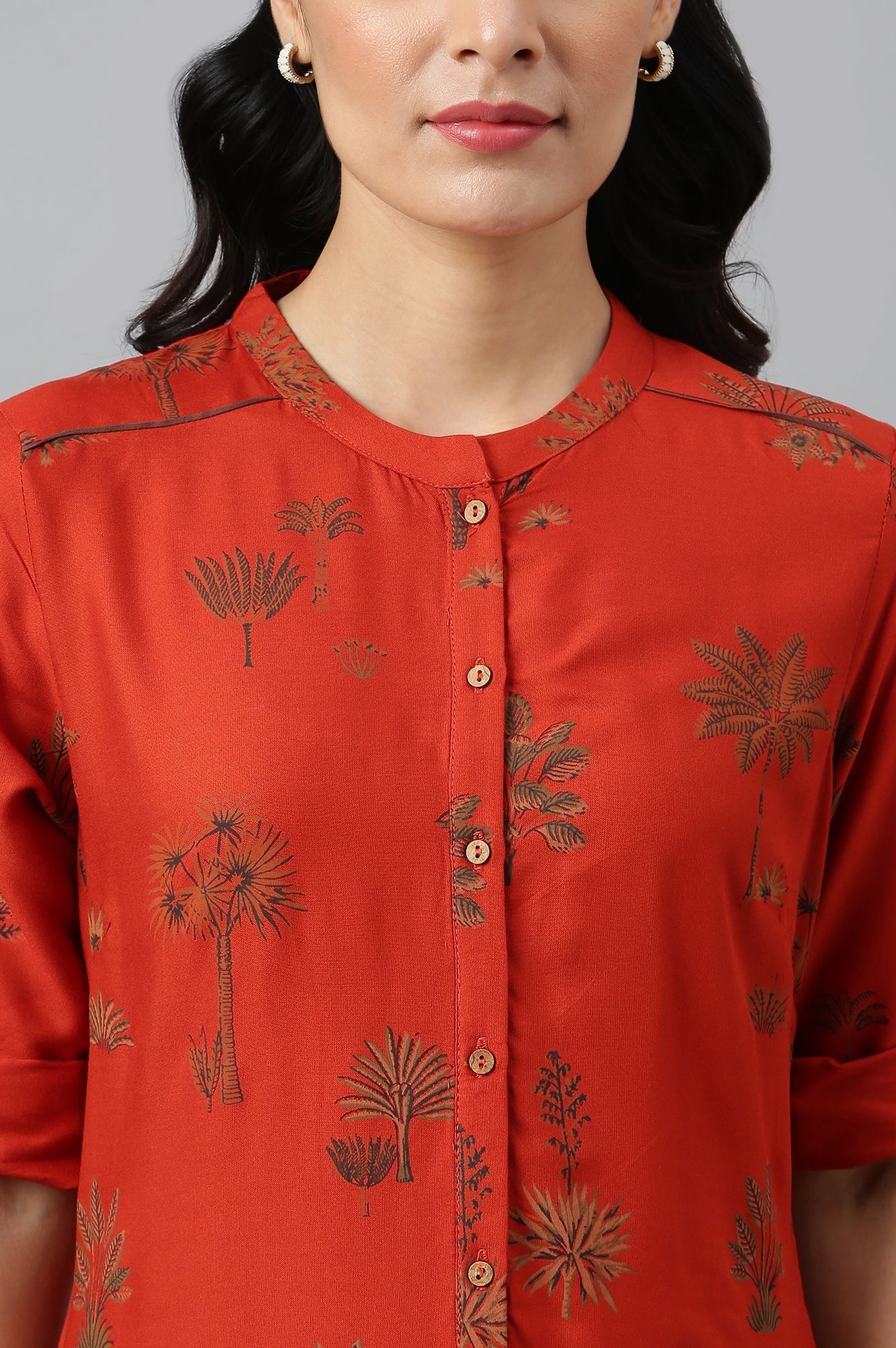 W for Woman Rust Red Printed Button Down Kurta