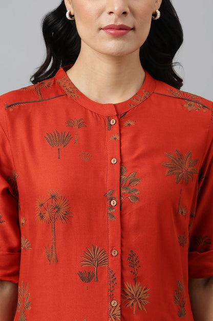 W for Woman Rust Red Printed Button Down Kurta