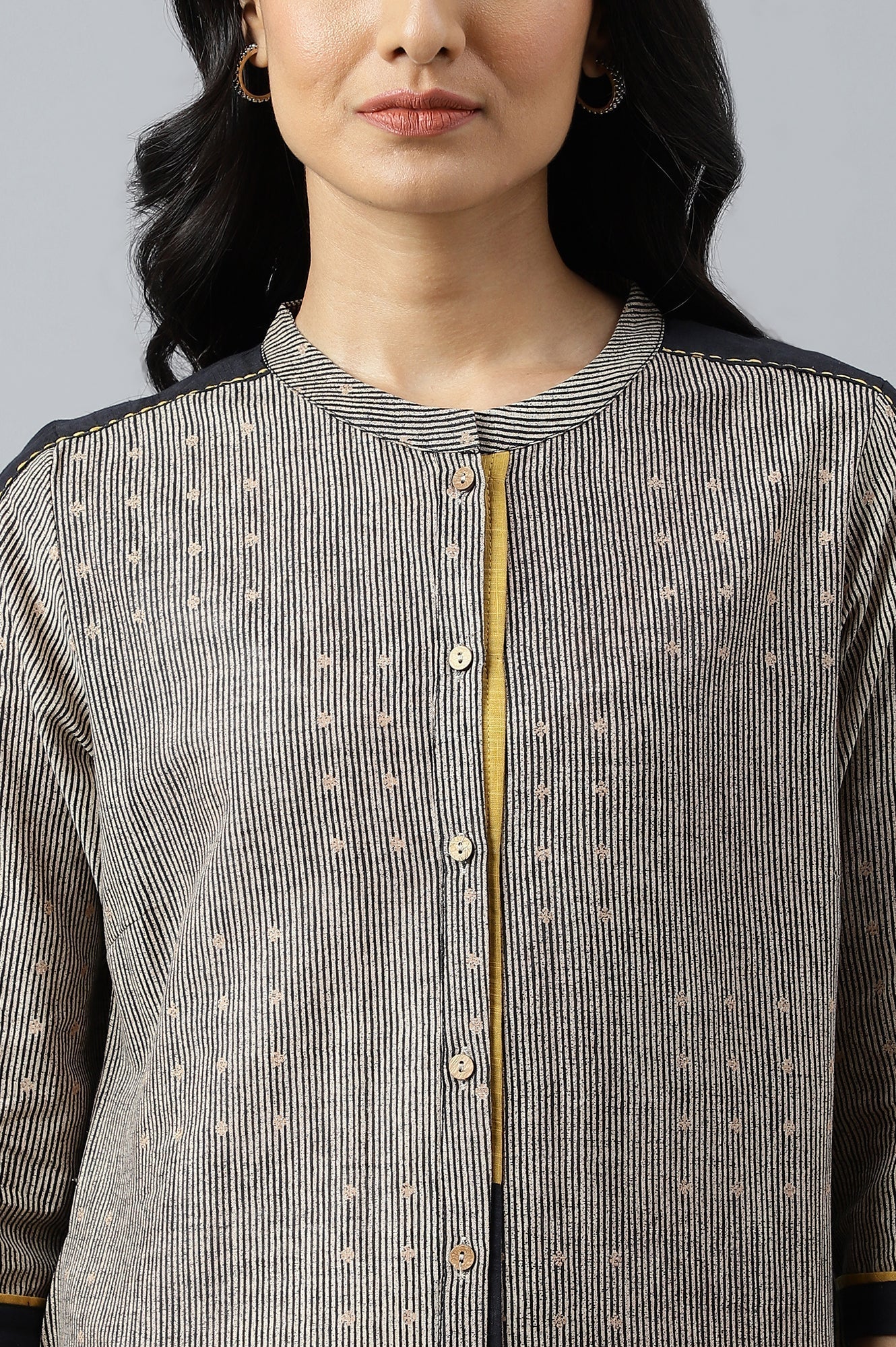 W for Woman Beige Striped Thread Embroidered Pure Cotton Straight Kurta and Slim Pant Set