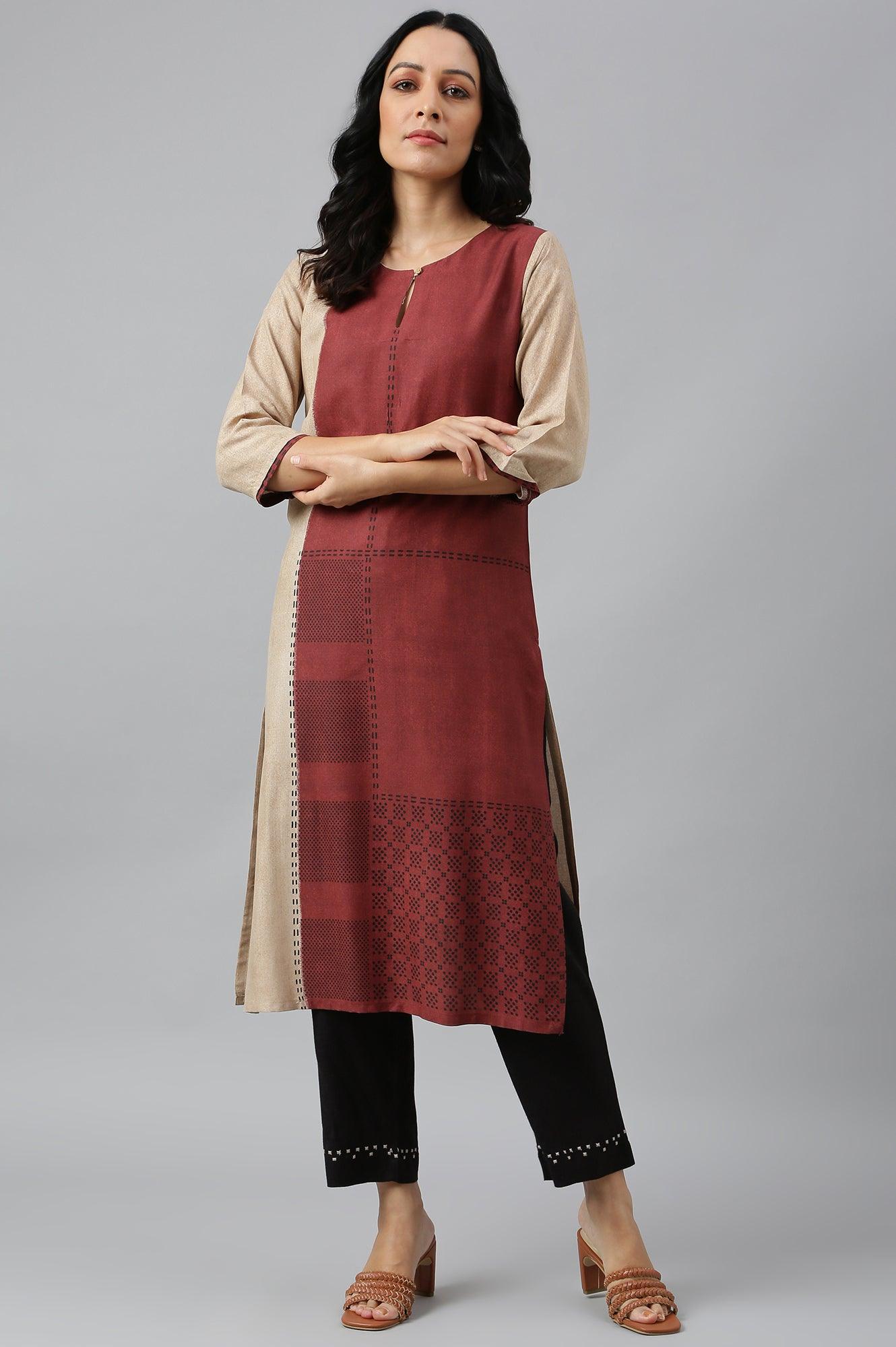 W for Woman Red And Ecru Placement Print kurta In Round Neck