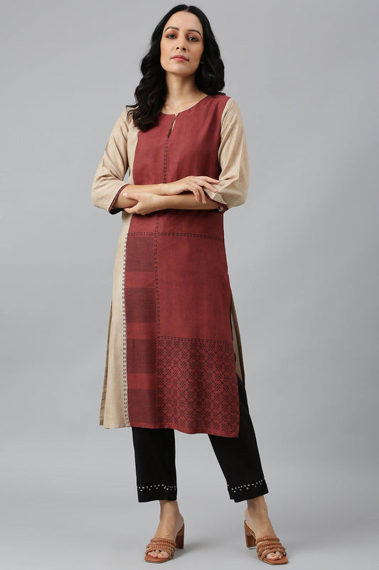 W for Woman Red And Ecru Placement Print kurta In Round Neck