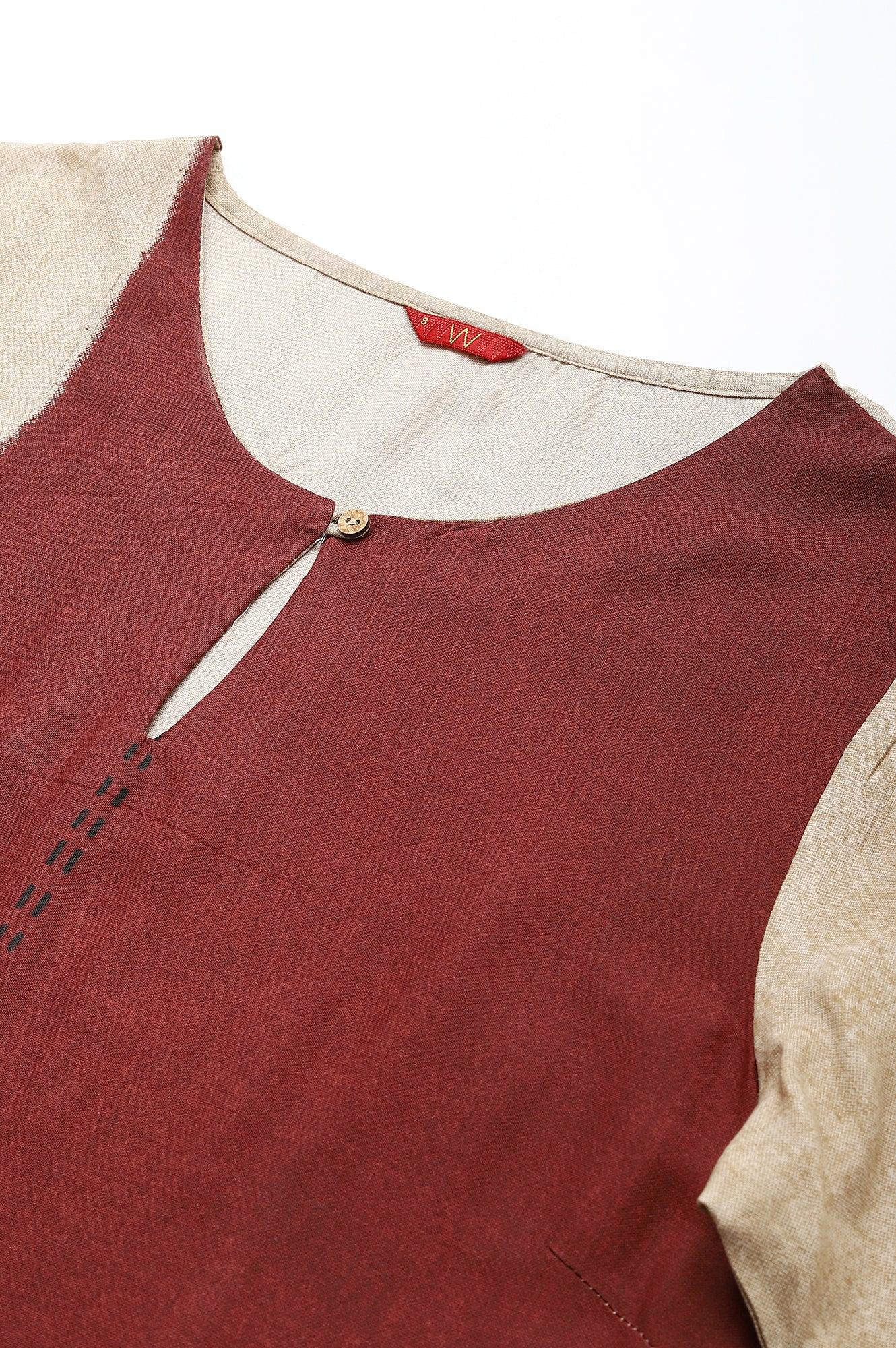 W for Woman Red And Ecru Placement Print kurta In Round Neck