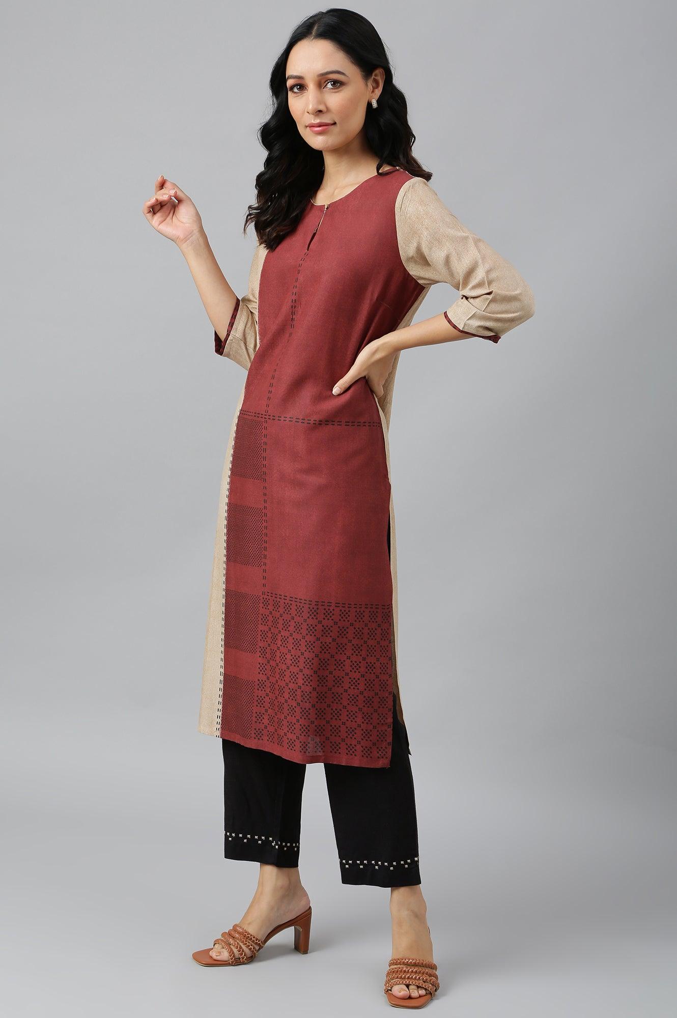 W for Woman Red And Ecru Placement Print kurta In Round Neck