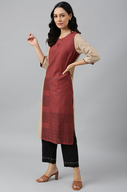 W for Woman Red And Ecru Placement Print kurta In Round Neck