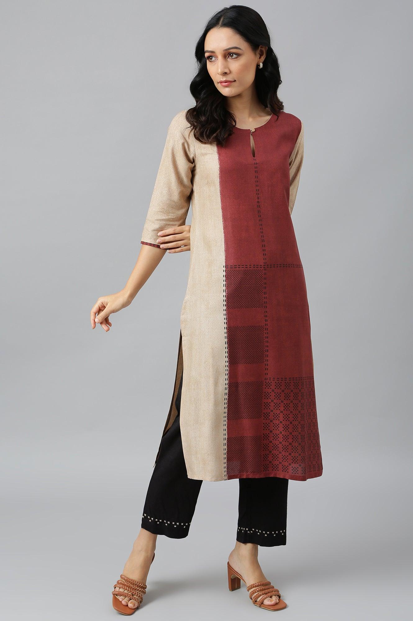 W for Woman Red And Ecru Placement Print kurta In Round Neck