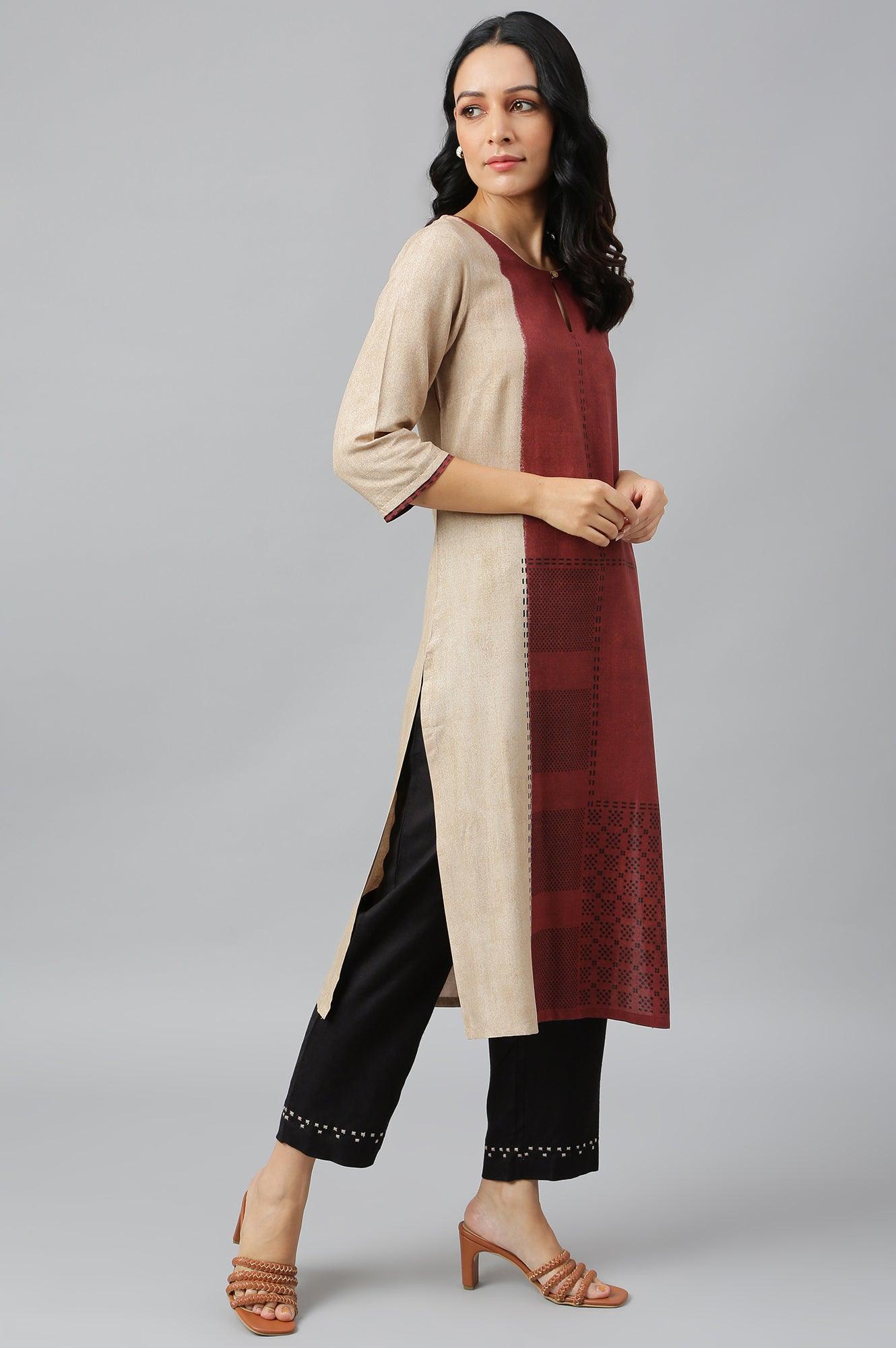 W for Woman Red And Ecru Placement Print kurta In Round Neck
