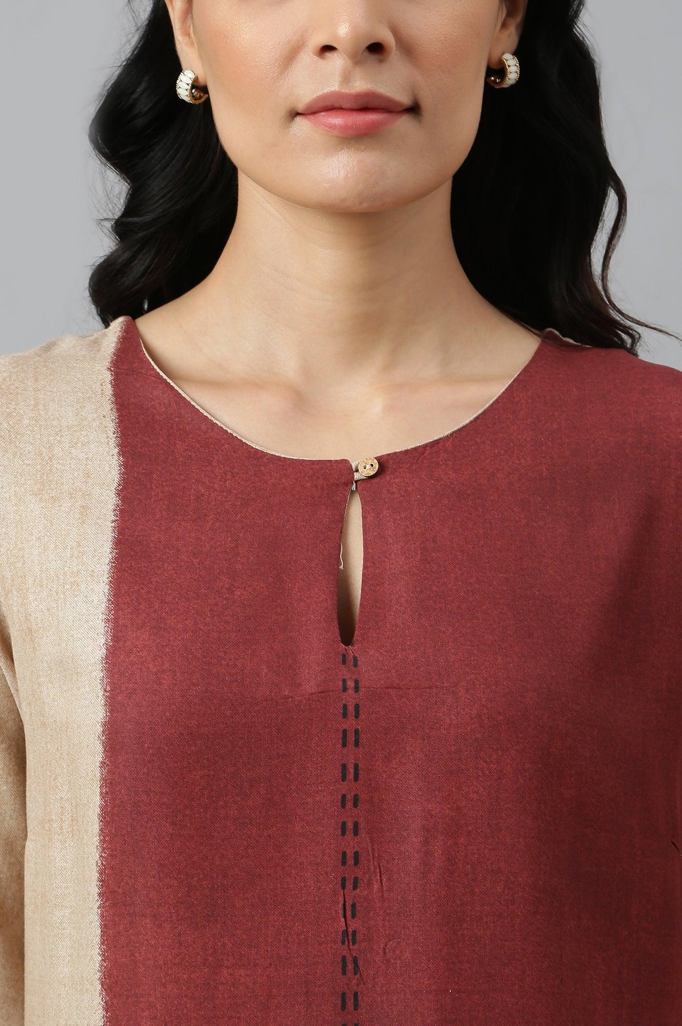 W for Woman Red And Ecru Placement Print kurta In Round Neck