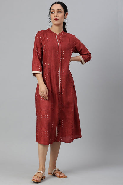 W for Woman Red Full Placket Shirt-Dress kurta In Rayon Fabric