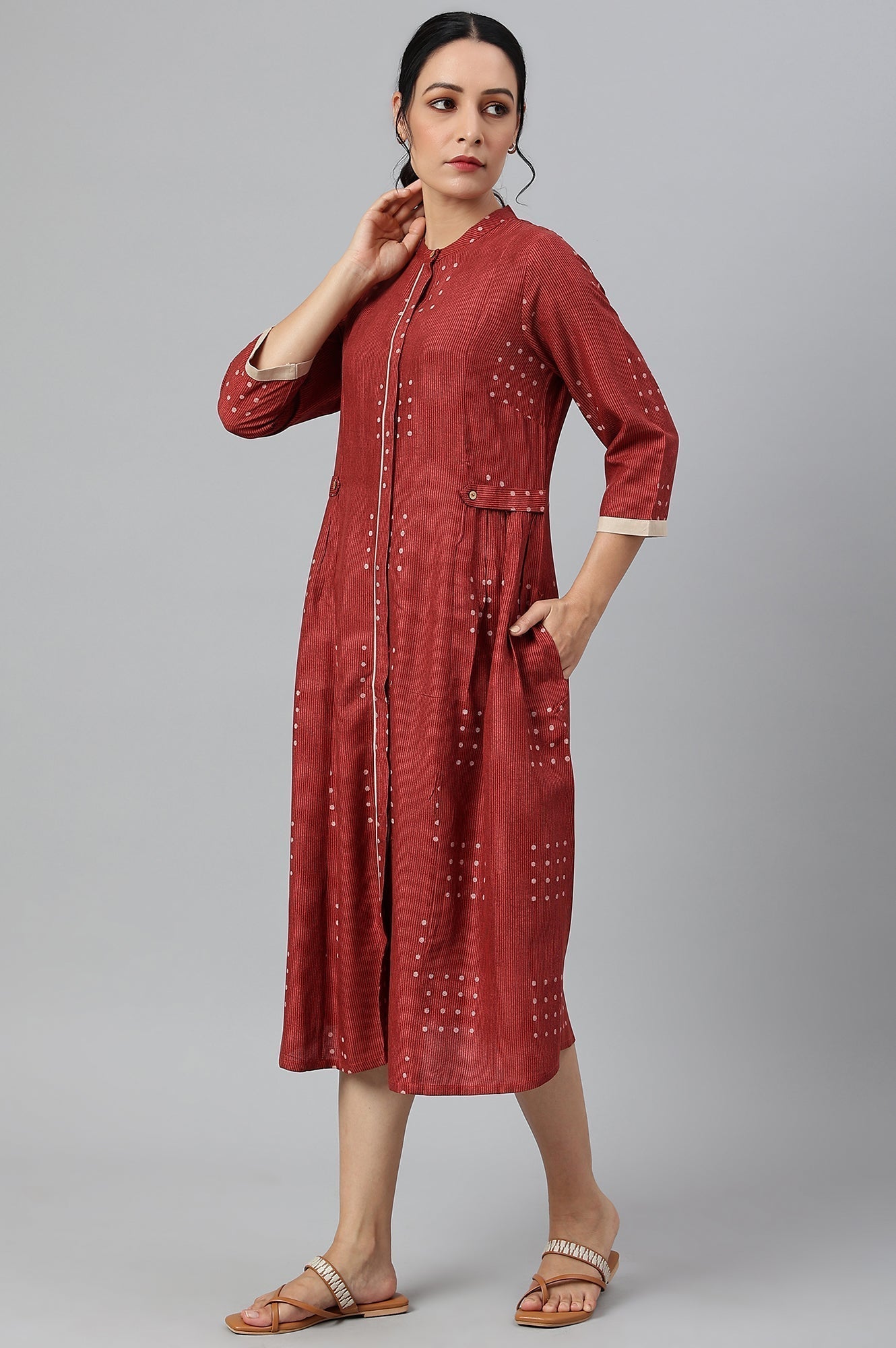 W for Woman Red Full Placket Shirt-Dress kurta In Rayon Fabric