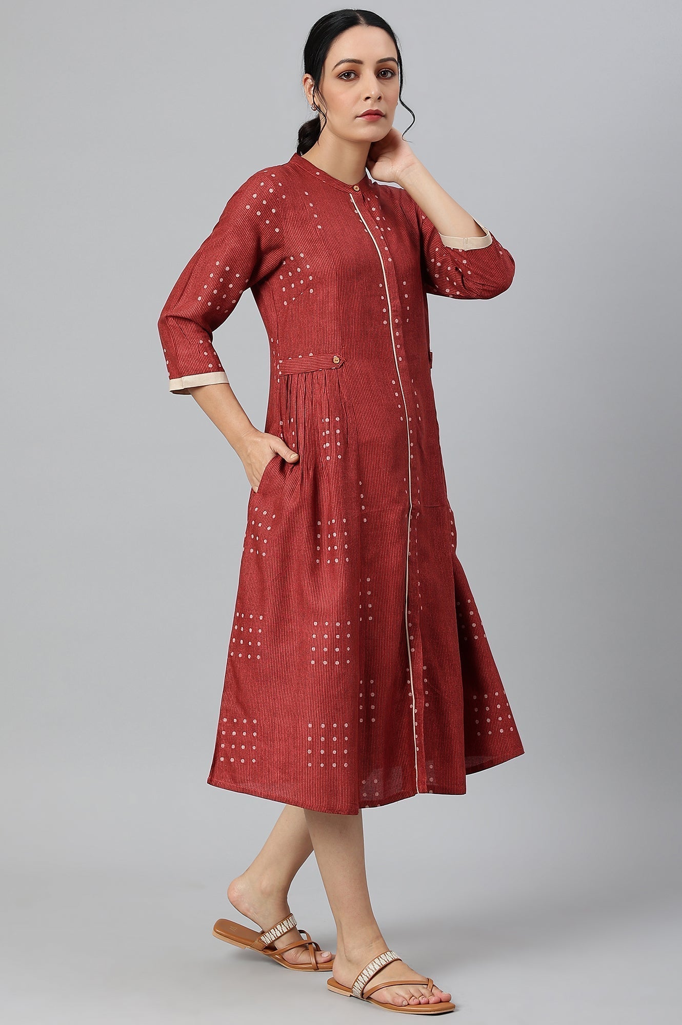 W for Woman Red Full Placket Shirt-Dress kurta In Rayon Fabric