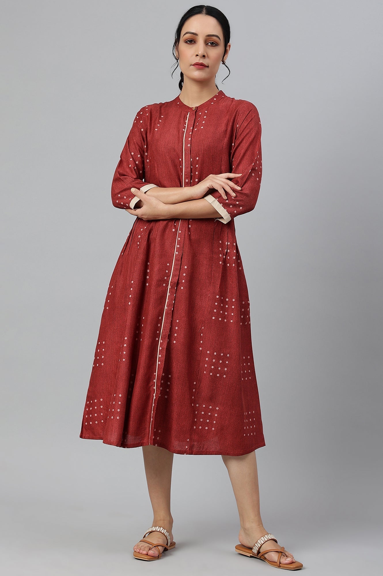 W for Woman Red Full Placket Shirt-Dress kurta In Rayon Fabric