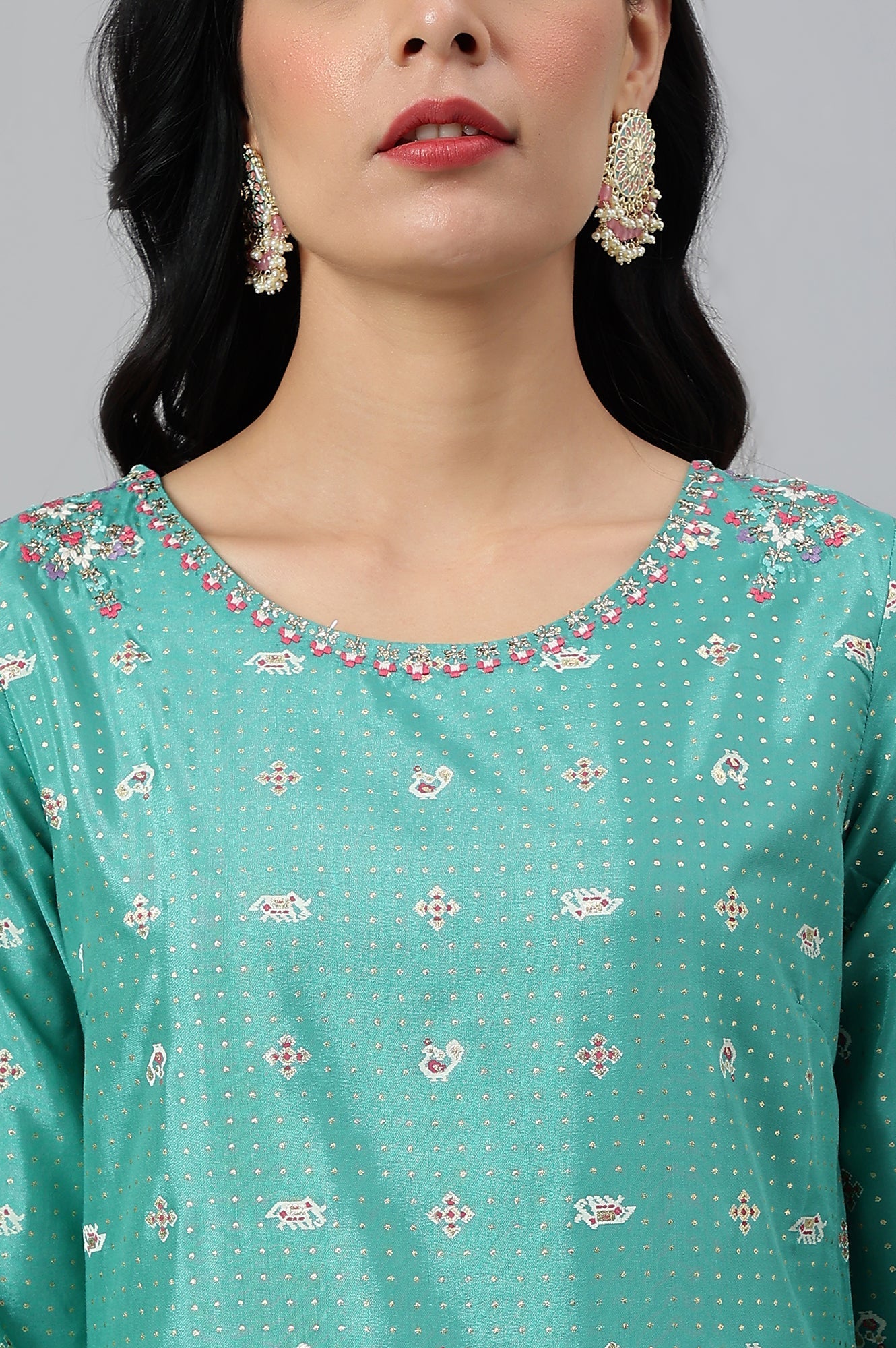 W for Woman Green Thread Embroidery A-line Kurta and Slim Pant Set