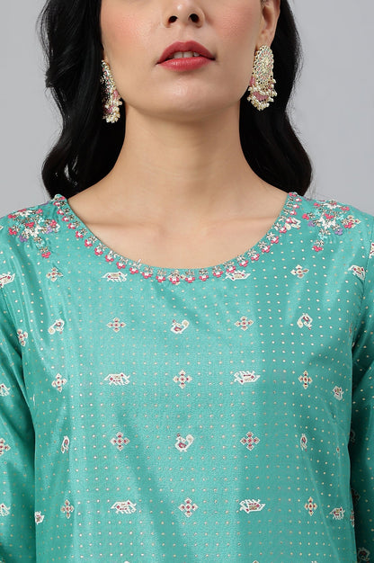 W for Woman Green Thread Embroidery A-line Kurta and Slim Pant Set