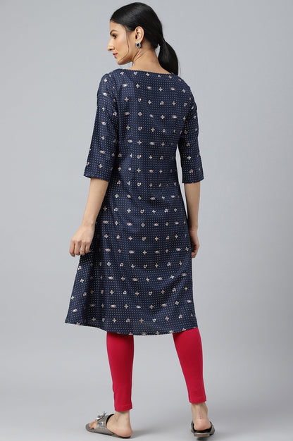W for Woman Navy Blue Printed A-line Kurta with Embroidery