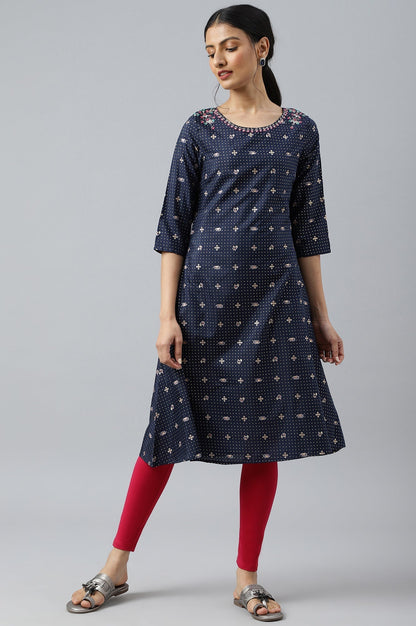 W for Woman Navy Blue Printed A-line Kurta with Embroidery