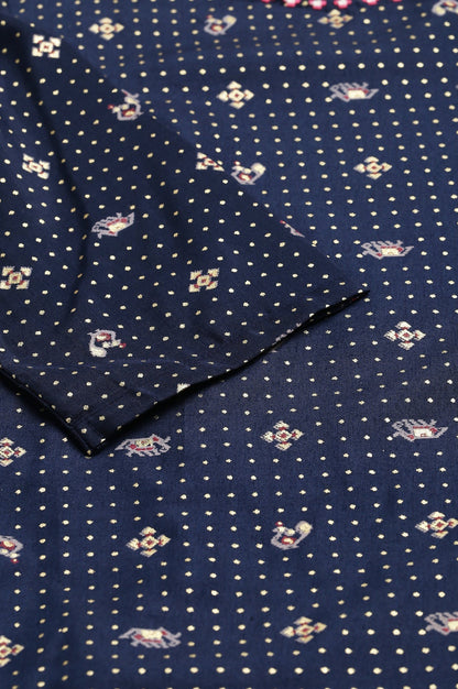 W for Woman Navy Blue Printed A-line Kurta with Embroidery