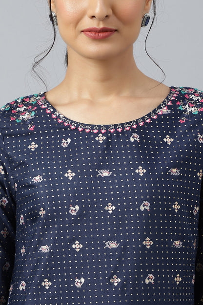 W for Woman Dark Blue Printed Thread Embroidered Shantung A-Line Kurta and Slim Pant Set