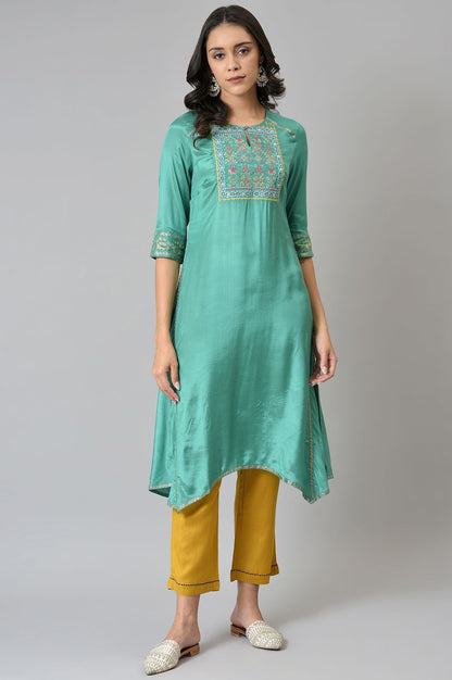 W for Woman Marine Green Embroidered and Mirror work Kurta