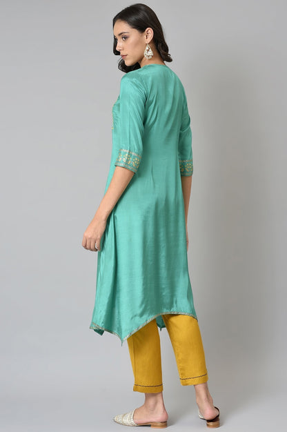 W for Woman Marine Green Embroidered and Mirror work Kurta