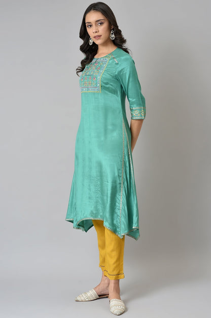 W for Woman Marine Green Embroidered and Mirror work Kurta